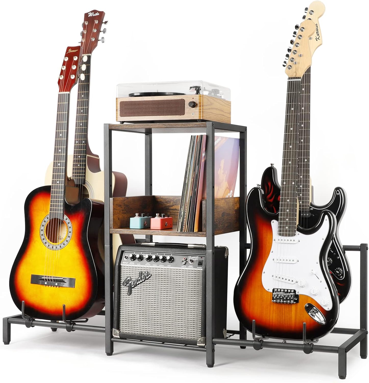 Bikoney Guitar Stand for 4 Guitars - Acoustic, Electric, Bass & Ukulele Floor Rack with 2 Wood Shelves for Amp Holder, Vinyl Records & Media Storage - Adjustable Multi Guitar Display Stand for Music Studio Home (Patent)