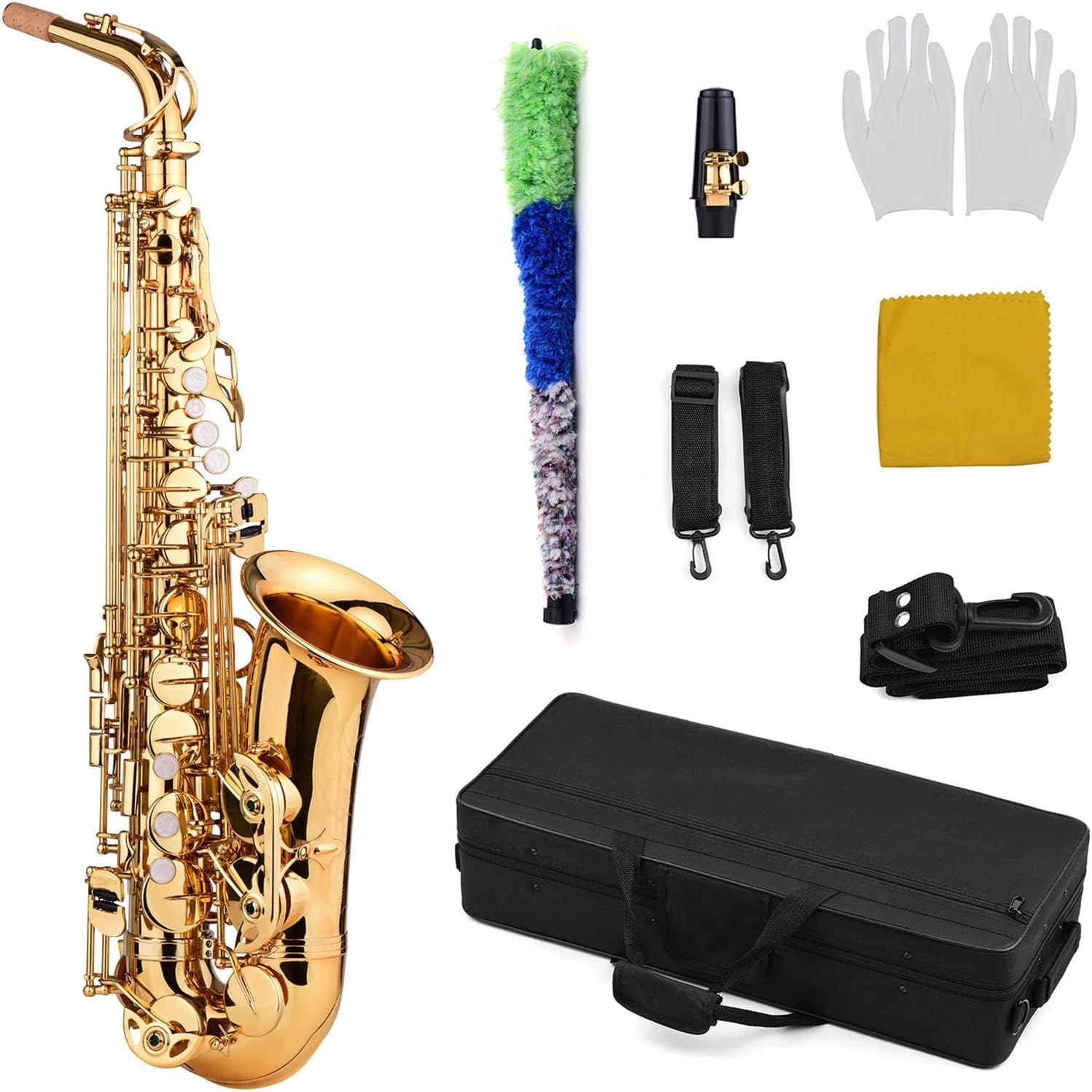 E Flat Alto Saxophone EB Key Brass Gold Lacquer with Case Cleaning Brush Cloth Gloves Straps Saxophone Lanyard Student Saxophone