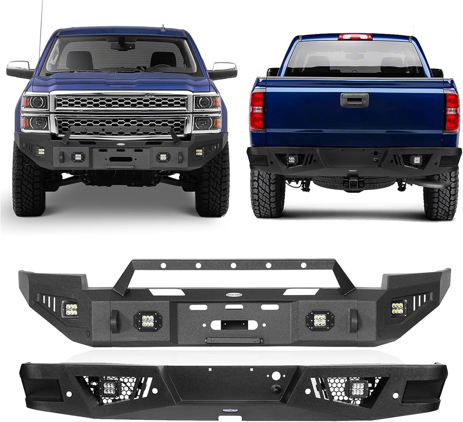 Hooke Road 2014 Silverado 1500 Front and Rear Bumper Kit for 2014 2015 Chevy Silverado 1500, Rock Crawler Bumper with Winch Plate,LED Lights and D-ring Mounts