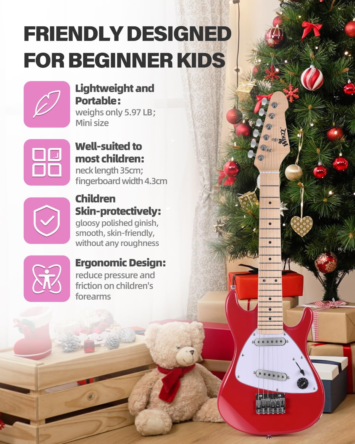Winzz 30 Inch Kids Electric Guitar Beginner Kit, Junior 1/4 Size Mini Electric Guitar for Children Complete Stater Set with Amp, Gloosy Red Colour