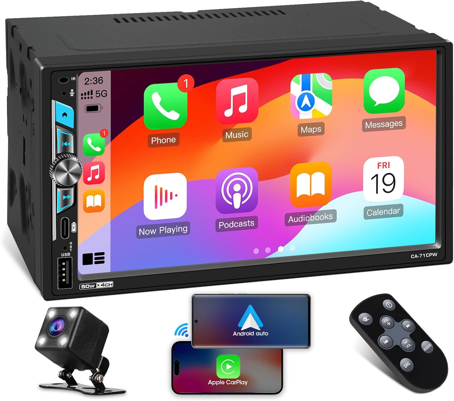 Double Din Car Stereo Receiver - ABSOSO 7 Inch Wireless CarPlay Android Auto Touchscreen for Car - Bluetooth Backup Camera Type-C PD3.0 Fast Charge 4.2 CHN 2 Subwoofers Outputs AM FM Radio