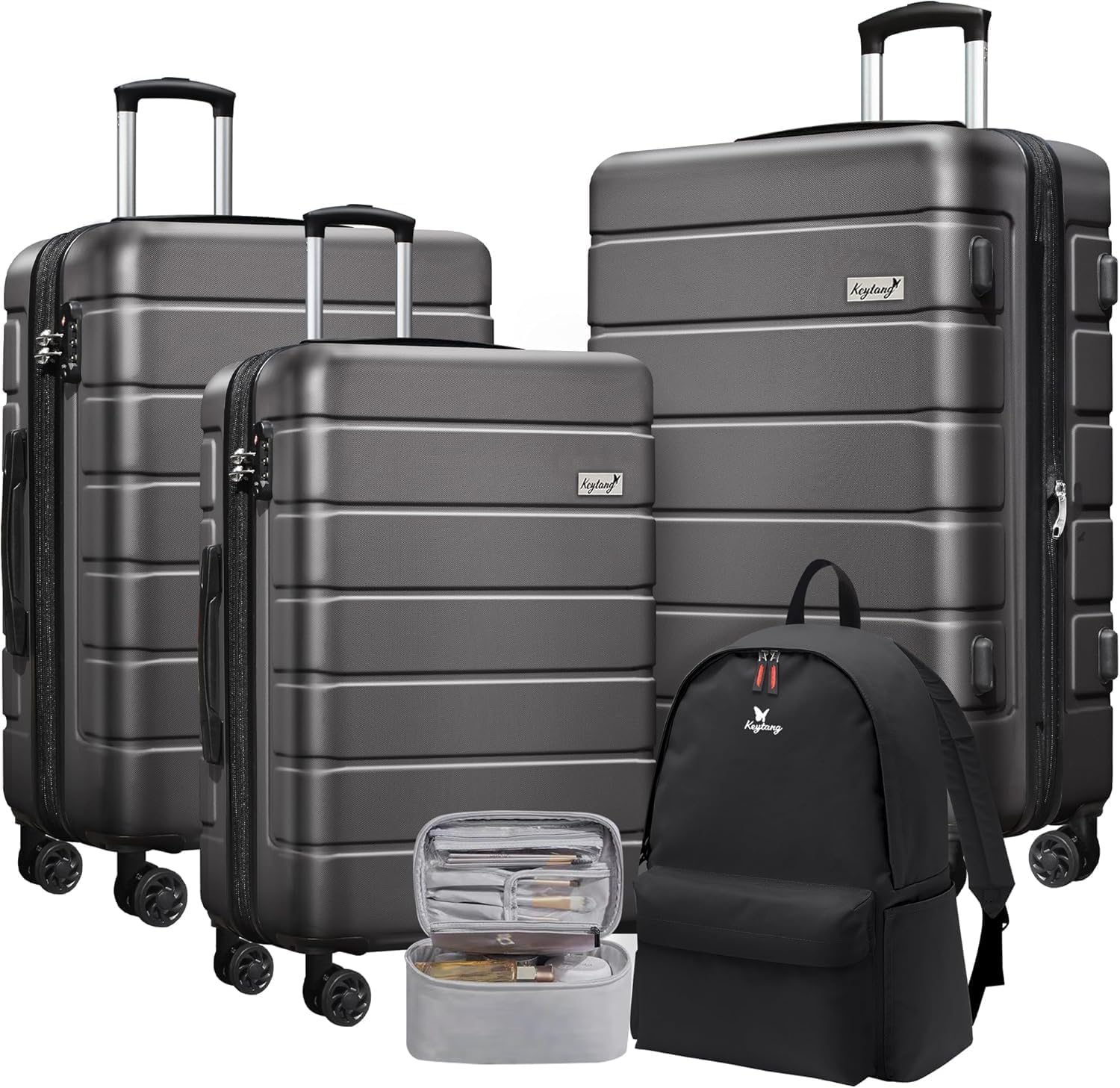 Explorer Luggage Set, Lightweight Hardside Suitcase, Expandable Carry-On Luggage with Travel Backpack & Cosmetic Makeup Bag, 5-Piece Set (20in/24in/28in), Grey