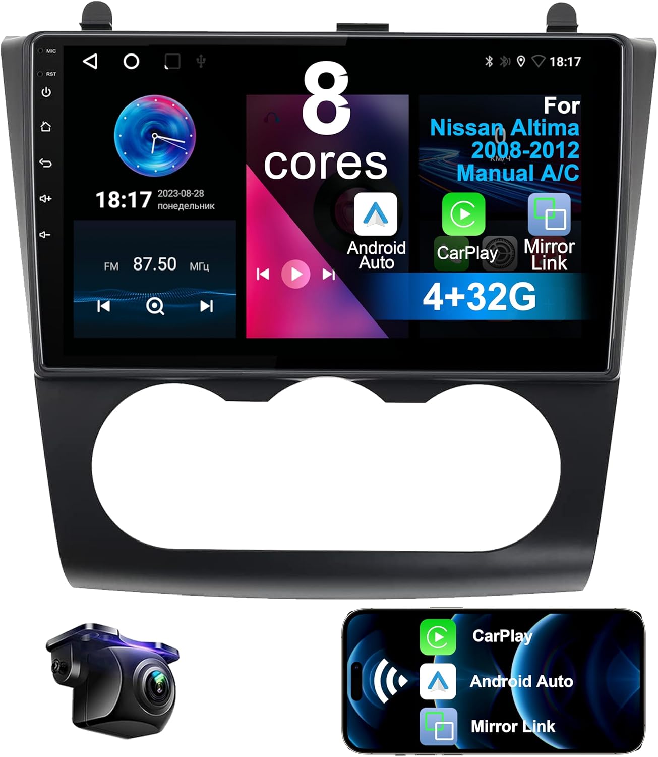 8 Core 4+32G Car Radio for Nissan Altima 2008 2009 2010 2011 2012 Manual AC with Wireless CarPlay Android Auto, 9 inch HD Touchscreen Car Stereo Player with Backup Camera, AMFMRDS, AUX, DSP, SWC