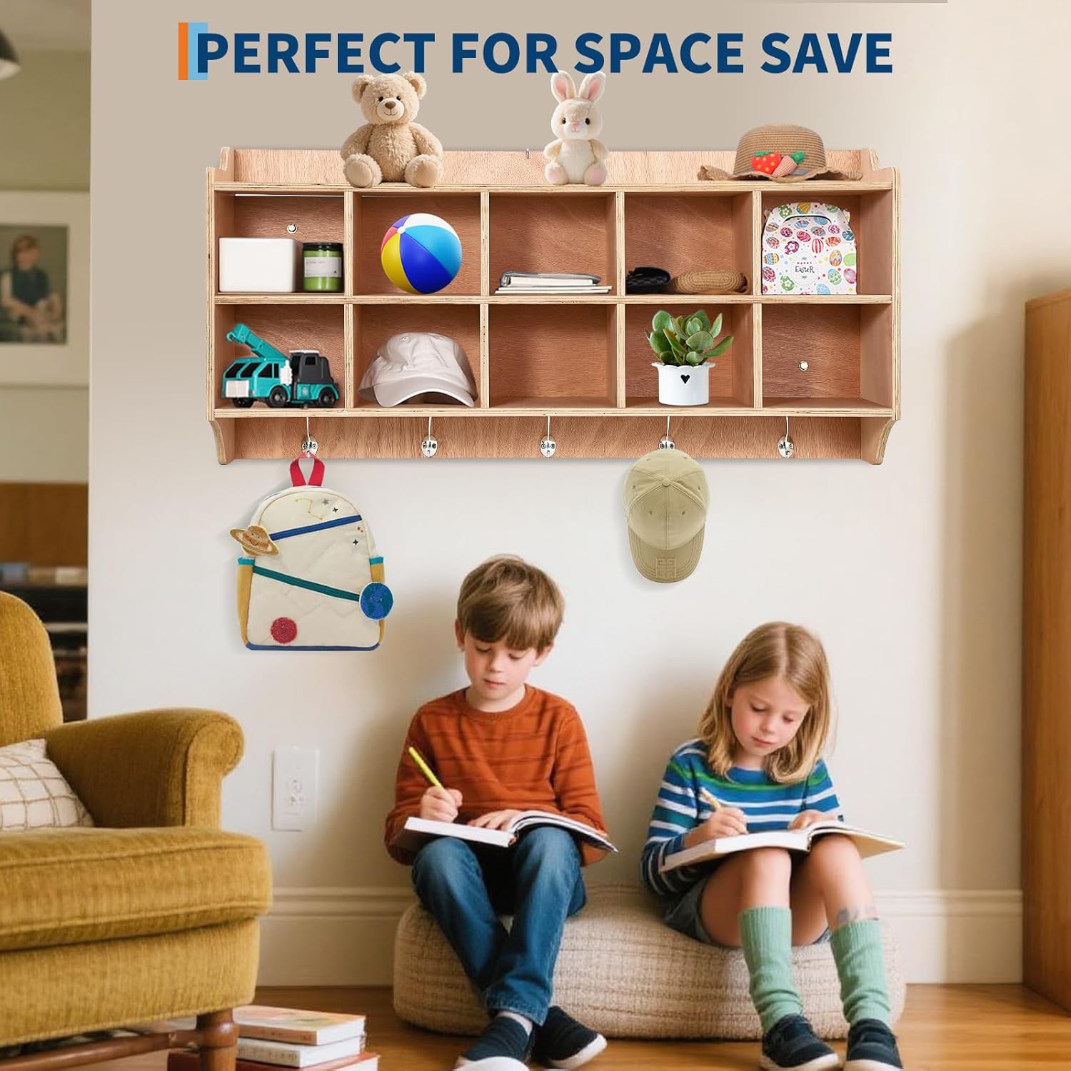 Cubby Storage Organizer Cubes, Daycare Shelves with 10 Cubbies Shoe Layer with Hooks and Shelf, Hanging Wall Mount, Furniture for Kids Toys, Classroom, 47Inch Width