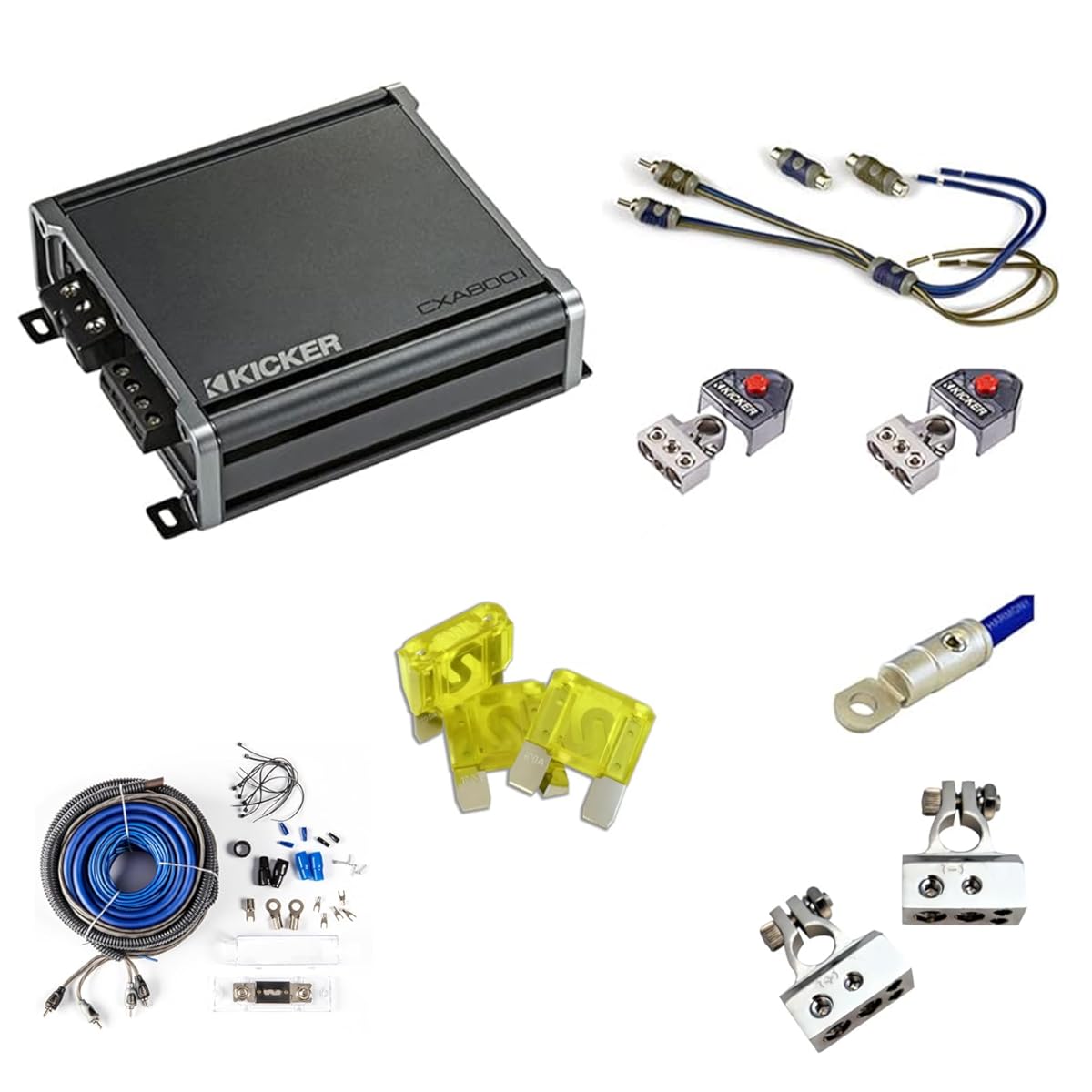 Kicker 44KXA8001 Car Audio Sub 1600W Amp, CK4-N Fuse Holder 2-Channel Full-Spec Complete Power Kits, 46KISL Amp Speaker Wire to RCA Adapter and BT4-N Battery Terminal Connection Points Bundle