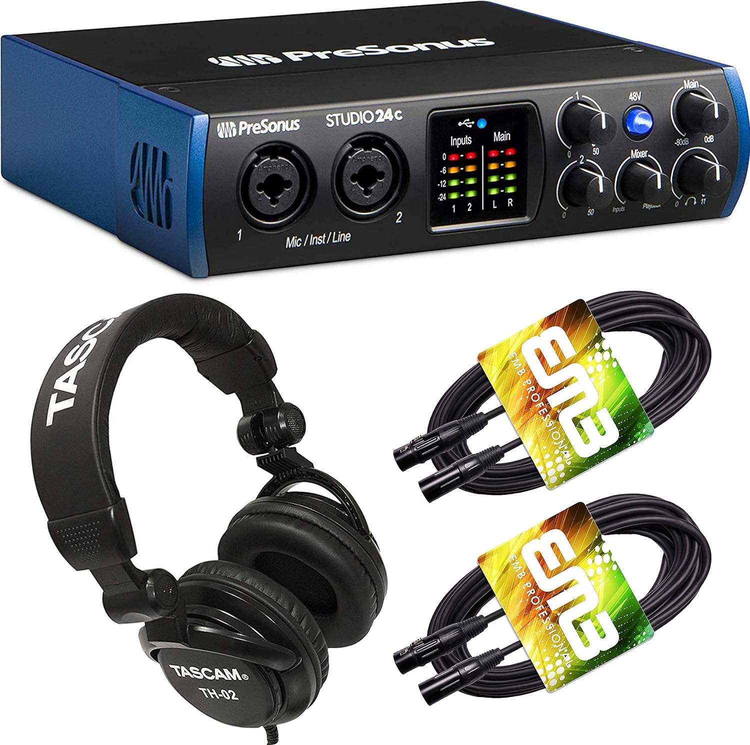 PreSonus Studio 24C 2x2, 192 kHz, USB-C Audio Interface, 2 Mic Pres-2 Line Outs + Mixing Headphone with Pair of EMB XLR Cable Bundle