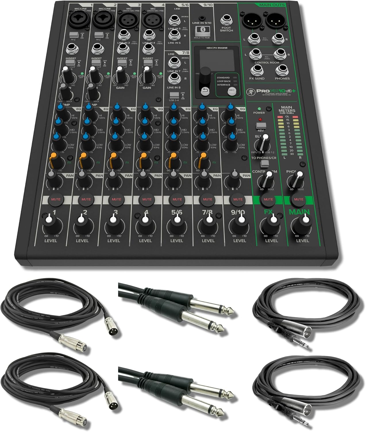 Mackie ProFX10v3+ 10-Channel Analog Mixer With Enhanced FX, USB Recording Modes, Bluetooth and Essential Cables