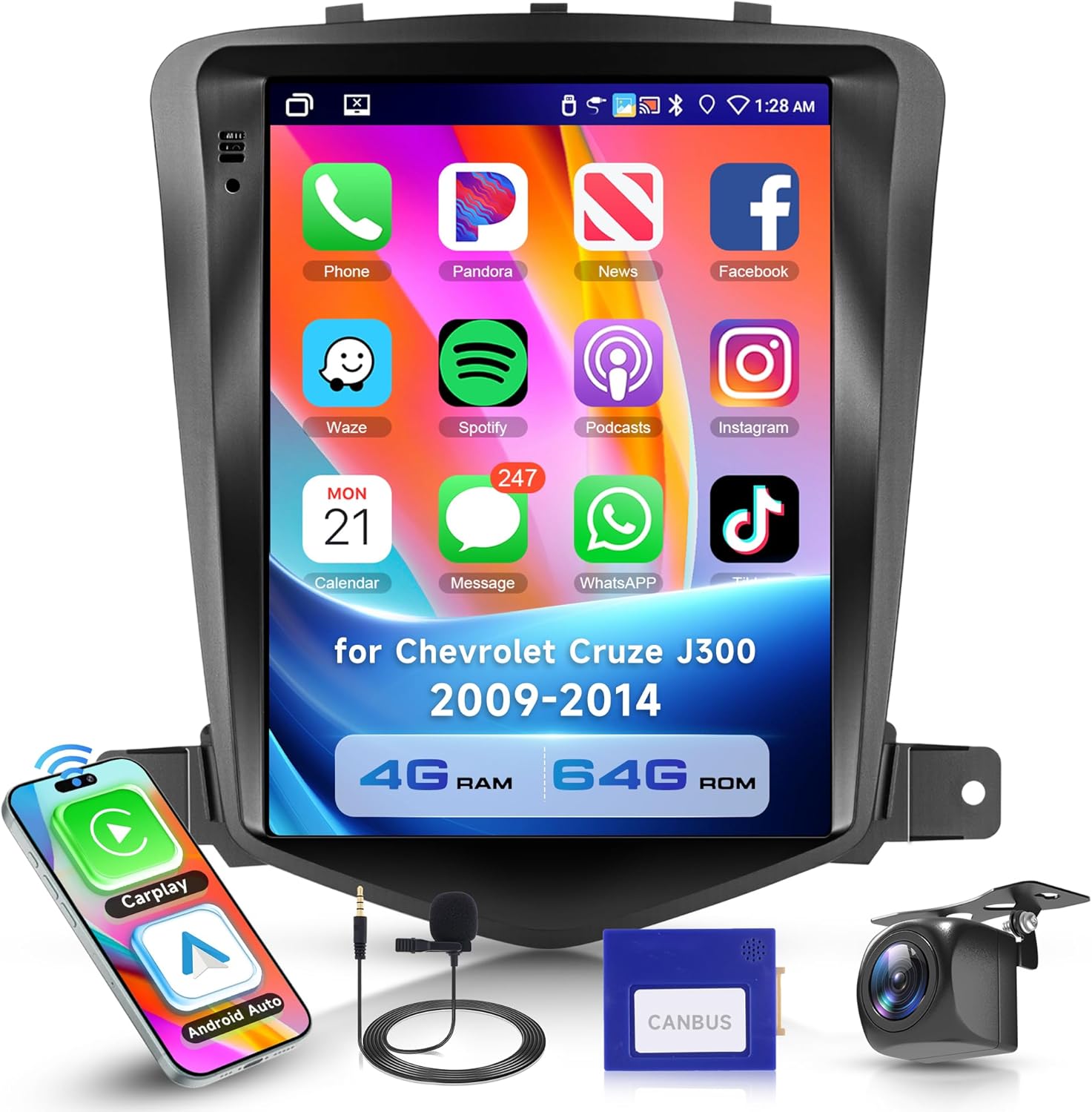 4 Core 4G+64G Car Radio for Chevrolet Cruze J300 2009-2014 with Wireless CarPlay Android Auto, 9.7 Inch Touchscreen Android Car Stereo with GPS Navi WiFi Mirror Link SWC BT FM RDS 32EQ Backup Camera