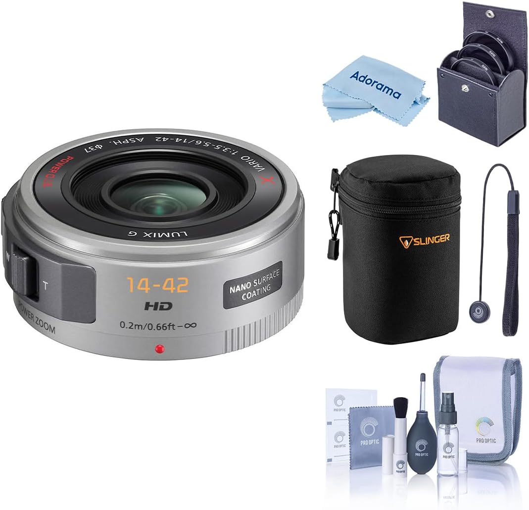 Panasonic LUMIX G X Vario PZ 14-42mm f/3.5-5.6 Aspherical Lens for Micro Four Thirds, Silver, Bundle with 37mm Filter Kit, Lens Case, Cleaning Kit, Lens Cap Tether and Cleaning Cloth