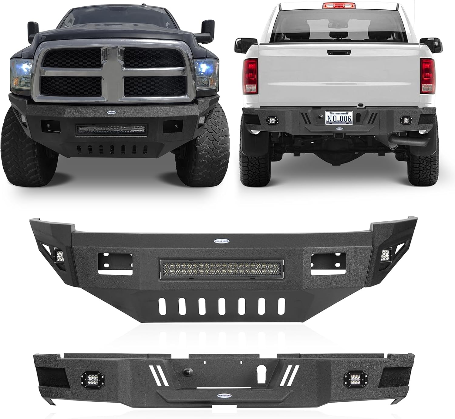 Hooke Road 10-18 Ram Full Width Front and Rear Bumper Kit for 2010-2018 Ram 2500 3500 Pickup Trucks Bumpers Kit w/Skid Plate & 120W LED Light Bar