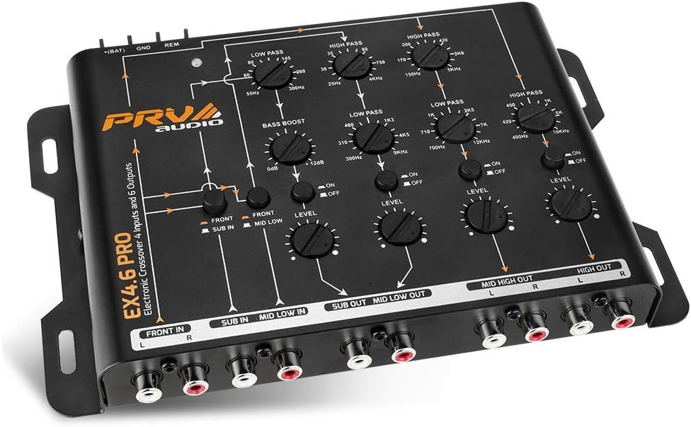 PRV Audio Crossover Car Audio EX4.6 PRO 4 Way or 3 Way Electronic Crossover 9 Volts, 4 in 6 Out RCA Channels Car Sound Processor - EX4.6PRO