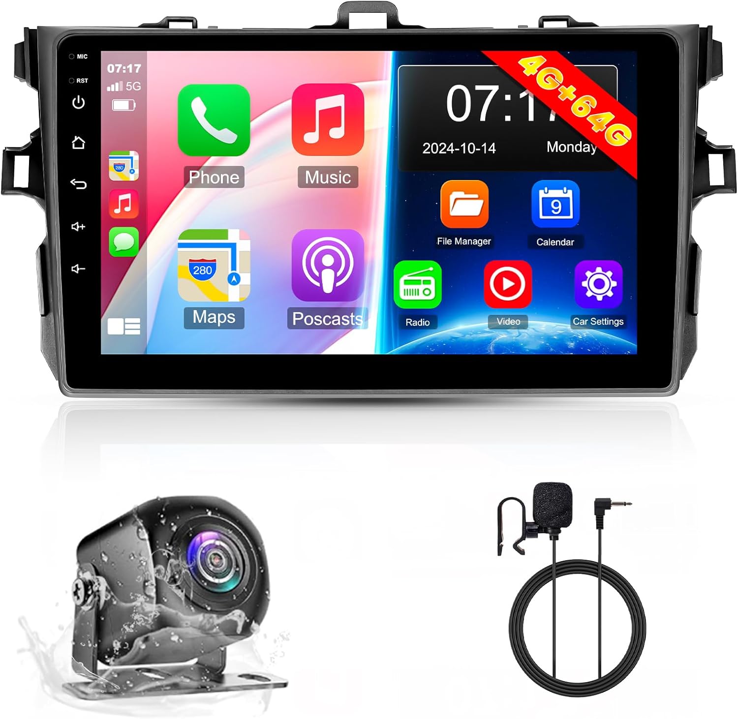 4G+64G Car Stereo for Toyota Corolla 2009-2013, Android 13 Touch Screen Radio with Wireless CarPlay, Android Auto, GPS Navigation, 5G WiFi, Bluetooth, Backup Camera, SWC