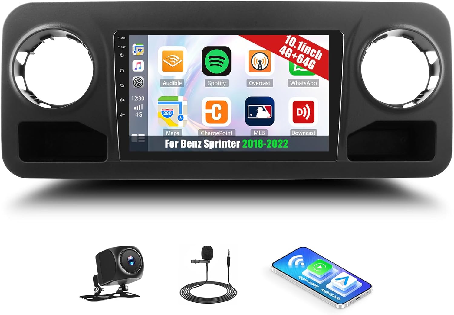 4G+64G Android Car Stereo for Benz Sprinter 2018-2022 10.1 Inch Touch Screen with CarPlay Android Auto Mirror Link UI Bluetooth FM GPS Navigation WiFi FM SWC Shot Cut Backup Camera MIC