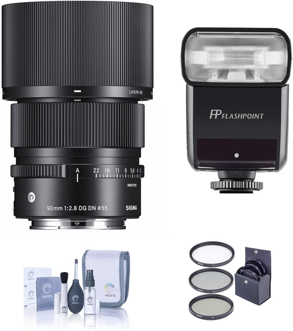 Sigma 90mm f/2.8 DG DN Contemporary Lens for L Mount, Bundle with Flashpoint Zoom-Mini TTL R2 Flash, Filter Kit, Cleaning Kit