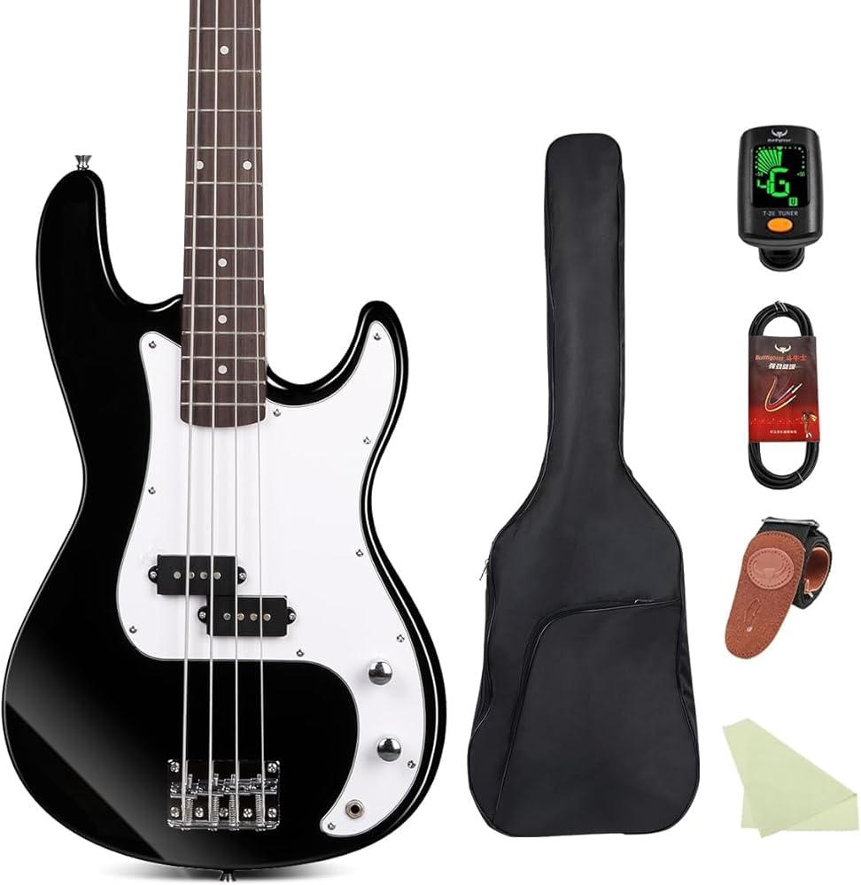Electric Bass Guitar 4 Strings Full-Size Standard Bass PB-Style Beginner Kit Black for Starter with Gig Bag Guitar Strap and Guitar Cable, MS-FD (black)