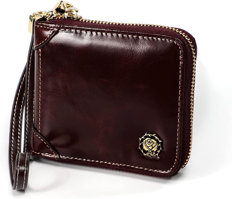 Women's RFID Blocking Genuine Leather Zip Around Wallet with Wristlet Credit Card Holder Clutch Purse (Dark brown)