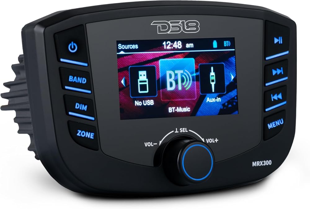 DS18 MRX300 Marine and Powersports Radio Waterproof Headunit TFT Screen, 3 Zones, 4 Volts Output, Bluetooth Audio Head Unit, RDS 4X40 Watts, USB, AM/FM Radio Receiver Weatherproof