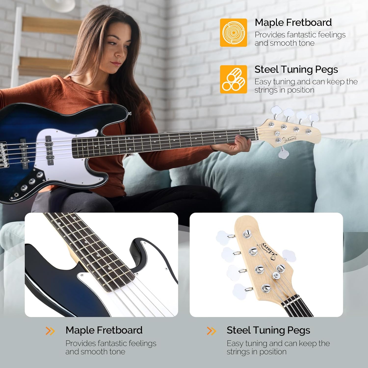 Glarry 5 String Electric Bass Guitar, Full Size Right Handed Rosewood Fretboard Bass Kit with Strap, Cable and Pick (GJazz - Dark Blue)