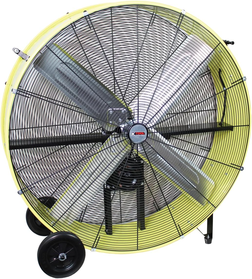 K Tool International 77743 42” Belt Drive Drum Fan with 8” Wheels, High-velocity, 2-Speed, Cut-off Protection, 14,800 Max CFM, cUL listed, Used in Warehouses, Shops, Greenhouses, Barns, Gyms, Yellow