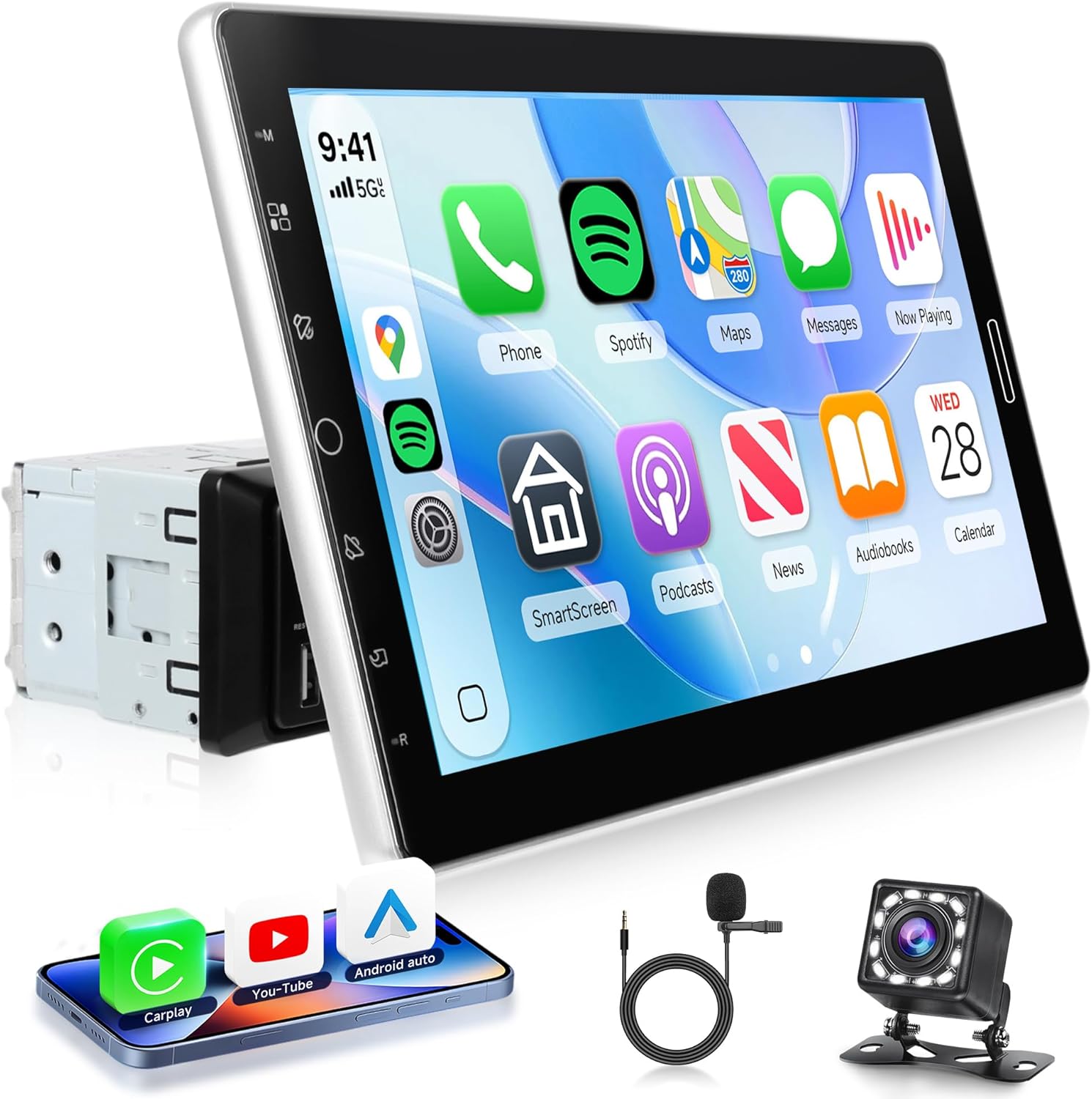 10.1 inch Single Din Car Stereo CarPlay Android Auto Mirror Link, KYNNT Detachable Touch Screen Car Radio with BT FM/EQ/USB/AUX/TF/SWC/MIC Car Audio Receiver Backup Camera