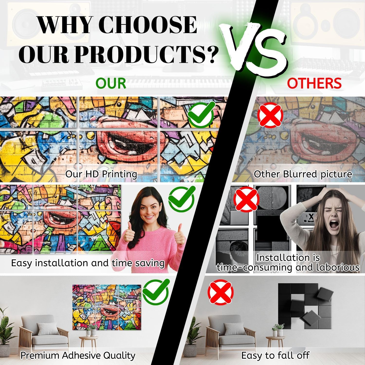 6 Pack Art Acoustic Panels Cool music graffiti urban style Sound Absorbing Panel 48