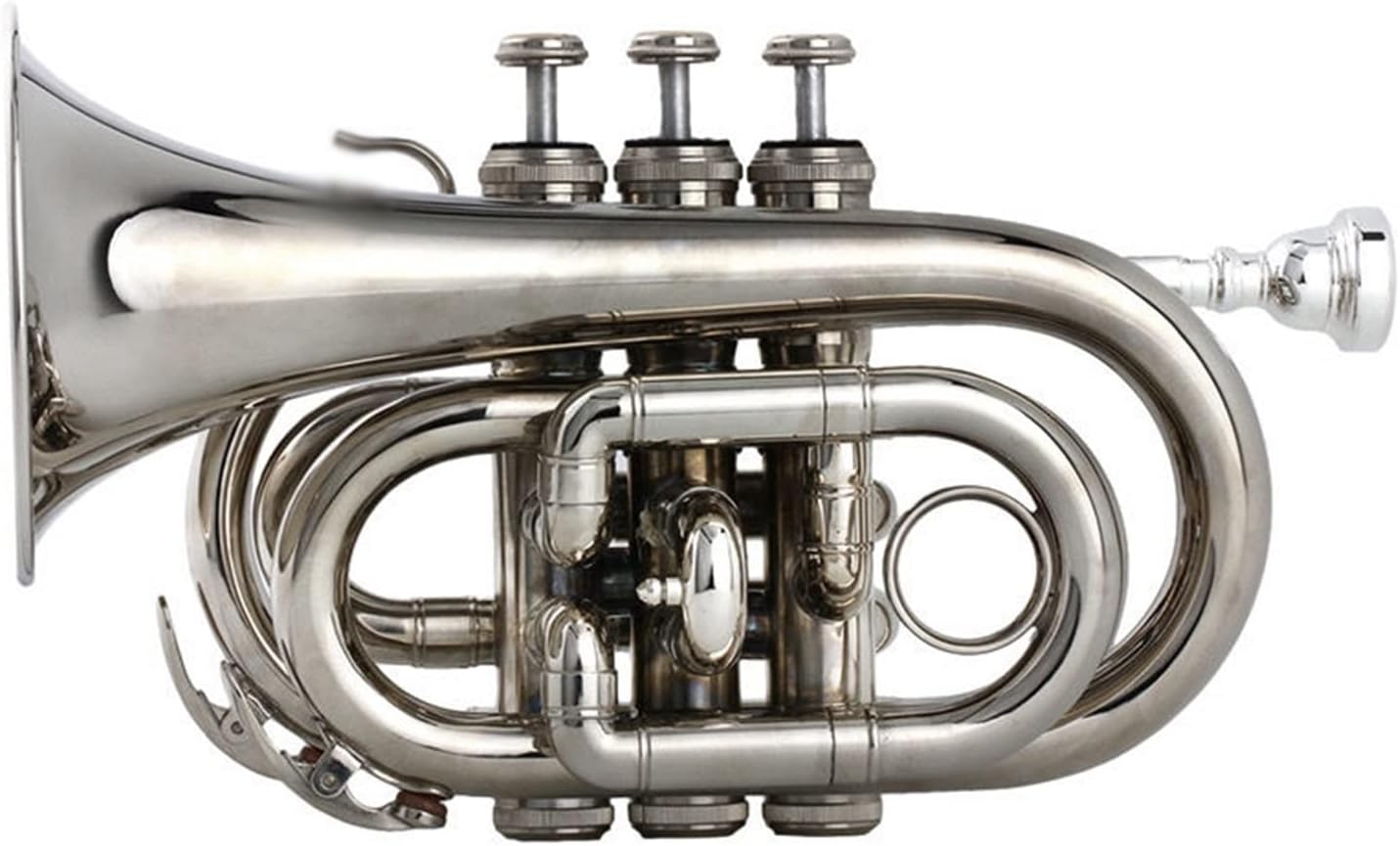 TSTS B-Flat Silver-Plated Pocket Trumpet Bb Silver Palm Size Brass Nickel-Plated Cornet Wind Instrument Pocket Trumpet Beginners