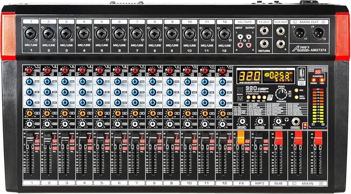 Audio2000'S AMX7374 12-Channel Audio Mixer with 320 DSP Sound Effects, Stereo Sub Out with Sub-Out Level-Control Fader, Level-Control Faders on All Channels, and USB/Computer Interface