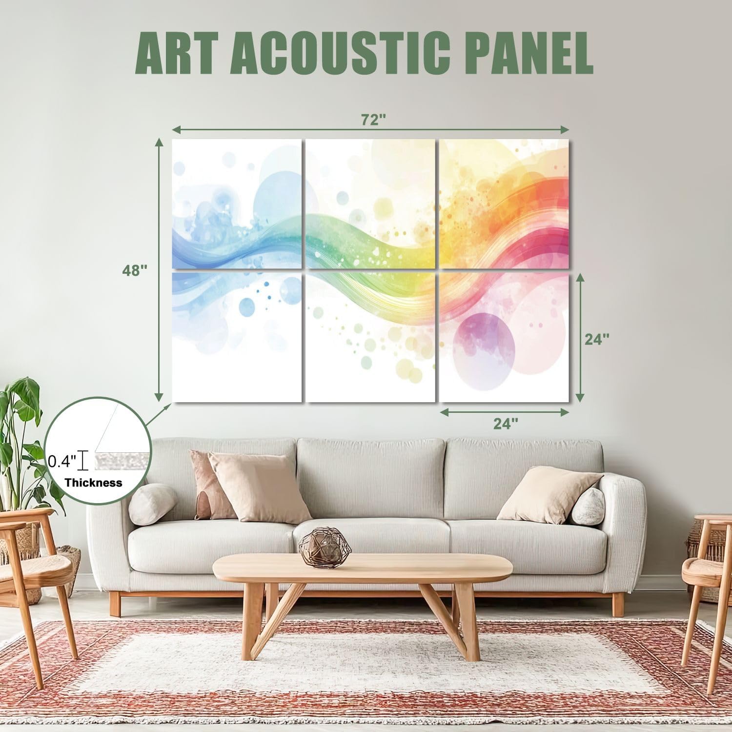 6 Pack Art Acoustic Panels Sound Absorbing Colorful Abstract Rainbow Colors Vintage Watercolor Graffiti Waves Decorative Soundproof Wall Panels Self Adhesive for Recording Studios Office 72