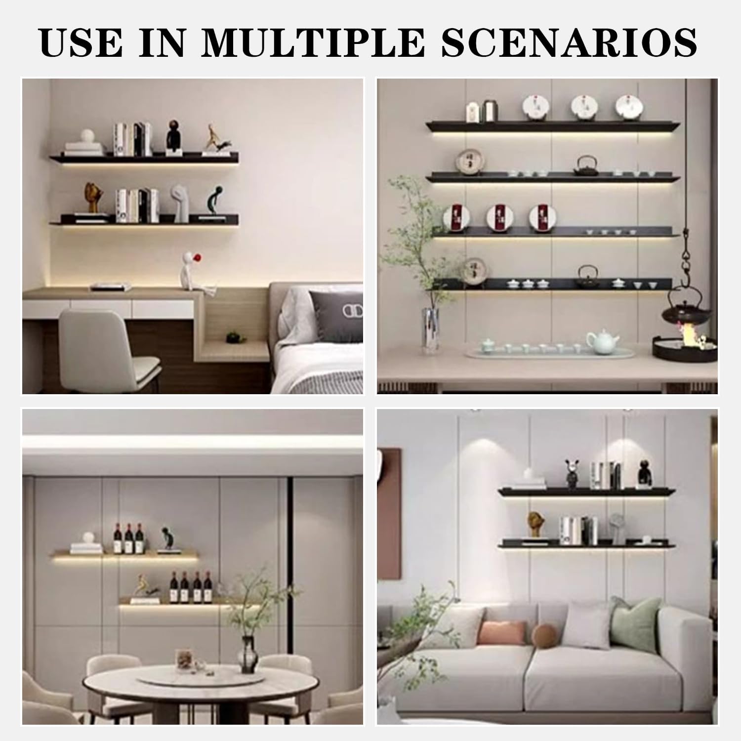 1pcs Metal Floating Book Shelves, with Built-in Illuminated LED Light, Modern Wall Mount Lighting Organizer, Creative Wall Storage Shelf, for Bedroom, Kitchen, Bathroom,White,180cm (Gold 100cm)