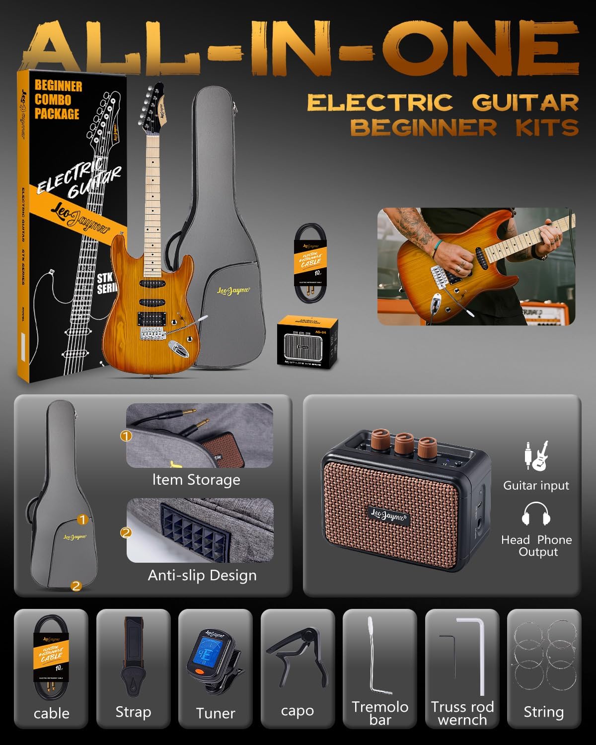 Leo Jaymz 39 Inch Full Size Electric Guitar Kit Electric Guitar Beginner Kits - Portable Amp,Digital Tuner,Gig Bag,Strap,Cable (Vinatage Sunburst)