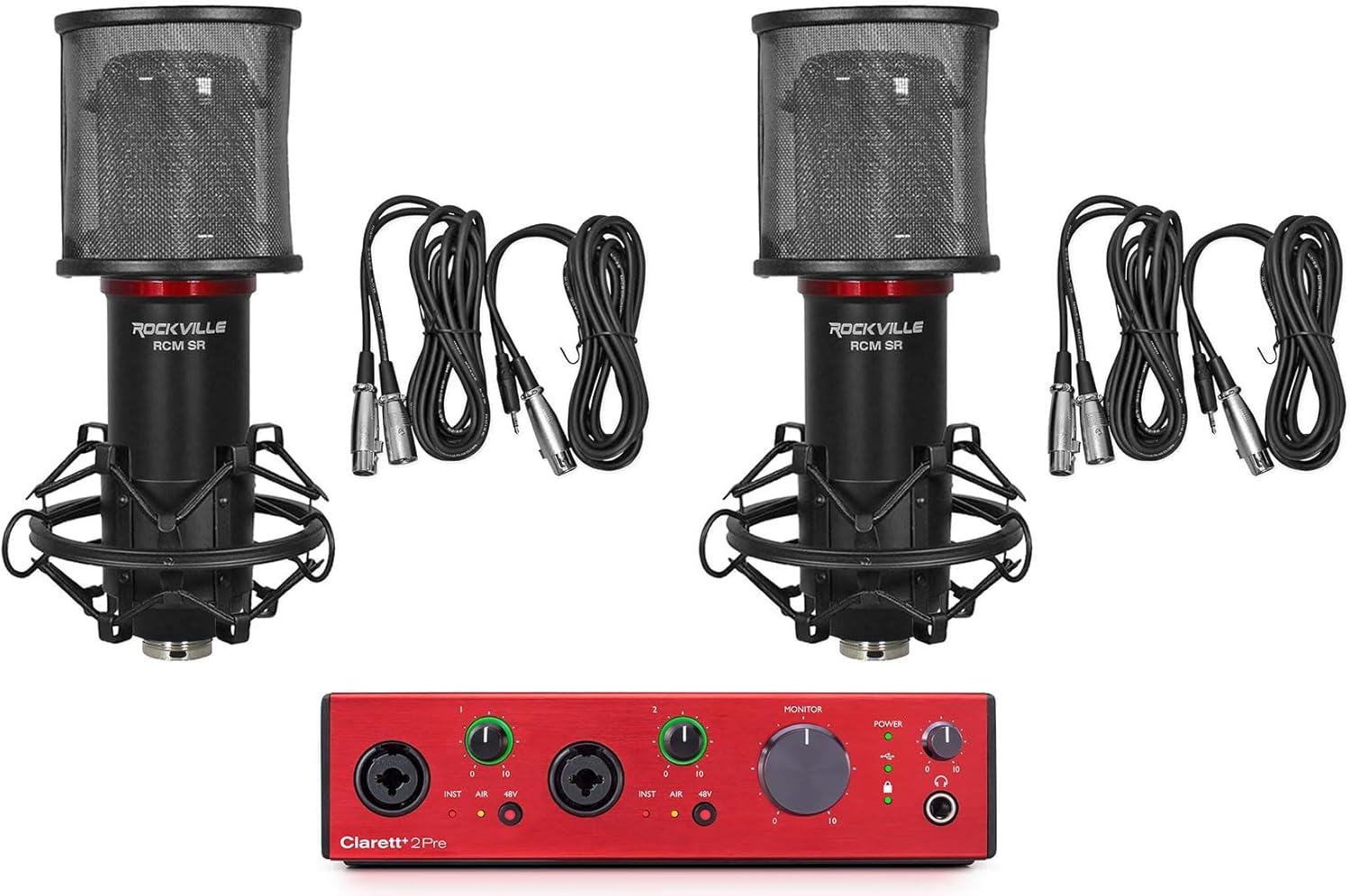 Audiosavings Bundle: Focusrite Clarett+ 2Pre USB-C Audio Recording Interface, 2 Mic Preamps/JFET Bundle with (2) Rockville RCM SR Studio/Recording Condenser Microphone (3 Items)
