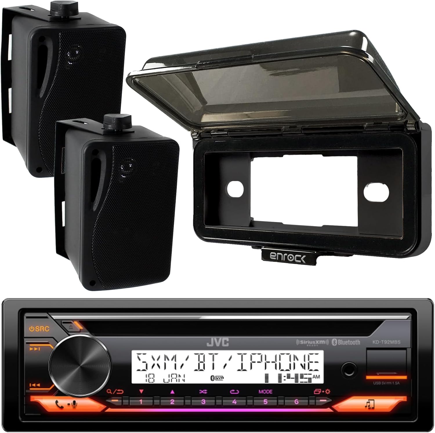 JVC KD-T92MBS Single DIN Marine Motorsports Bluetooth AM/FM USB AUX CD Player Stereo Receiver, Pyle 3.5