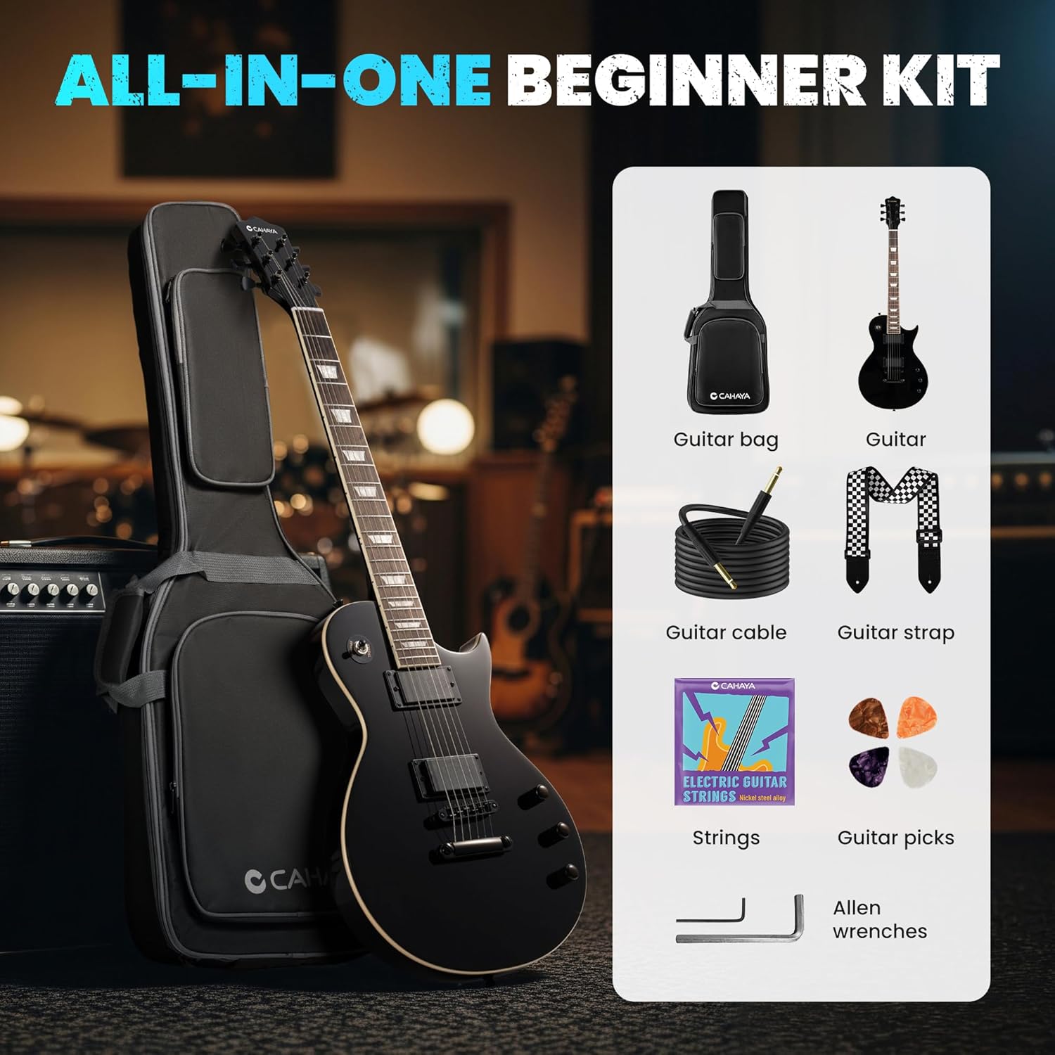 CAHAYA Electric Guitar Kit 39 In - Full Size LP Beginner Electric Sett with Solid Okoume Body 2 Humbucker Pickups, Maple Neck, Gig Bag, Strap, Cable for Adults Teen Black