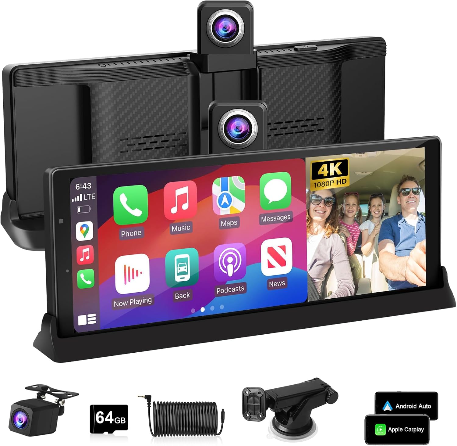 2026 Limited Time Exclusive 10.26'' CarPlay Screen for Car w 4K Dash Cam Wireless Apple Car Play Android Auto Screen Unique Bracket 350° Rotate Lens Voice Control Bluetooth Navigation 1080P Rear Cam