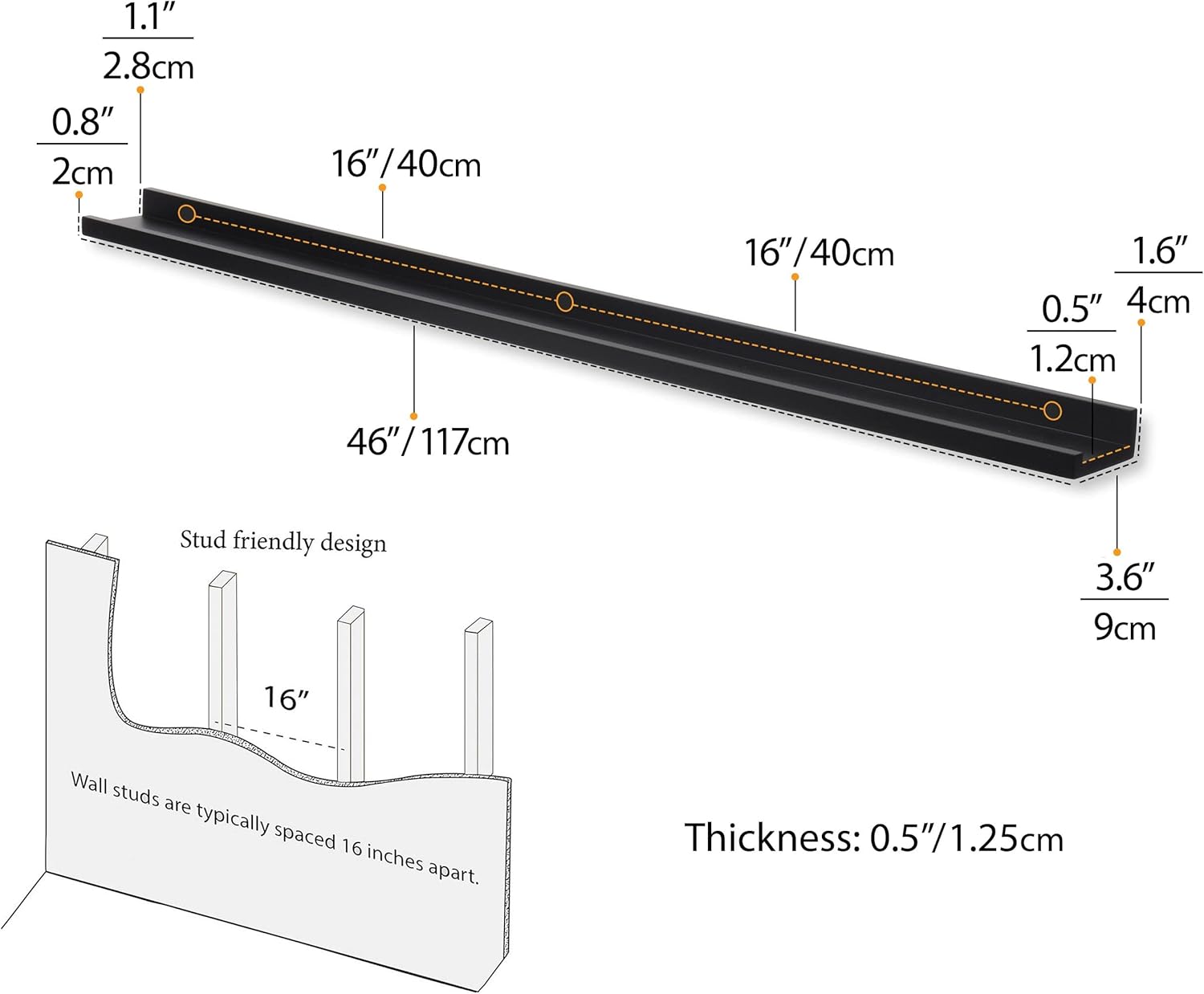 Wallniture Modern Floating Wall Ledge Shelf for Pictures and Frames Black 46 Inch Set of 2