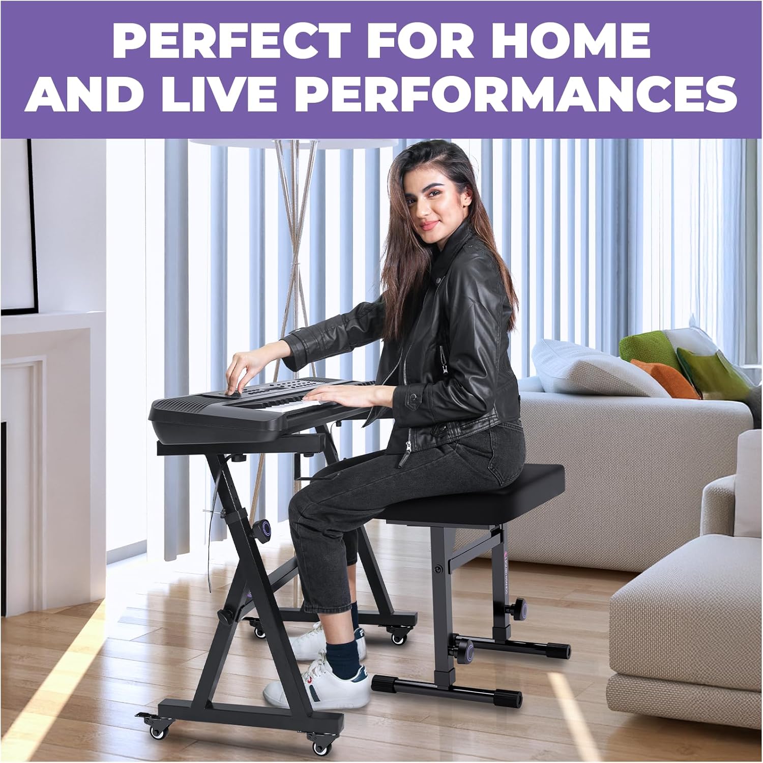 Liquid Stands Piano Keyboard Stand and Bench Set - Portable Heavy Duty Music Stand for 54-88 Key Electric Pianos & Adjustable Piano Bench, Stool - Sturdy Keyboard Music Accessories w/ Wheels and Seat