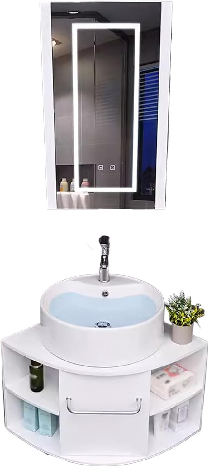 Bathroom Mirror Cabinet with Lights, Bathroom Cabinets with Sink, More Storage Space Countertop RoundBasin, Bathroom Corner Cabinet Wall Mount, for Bathroom(50CM)