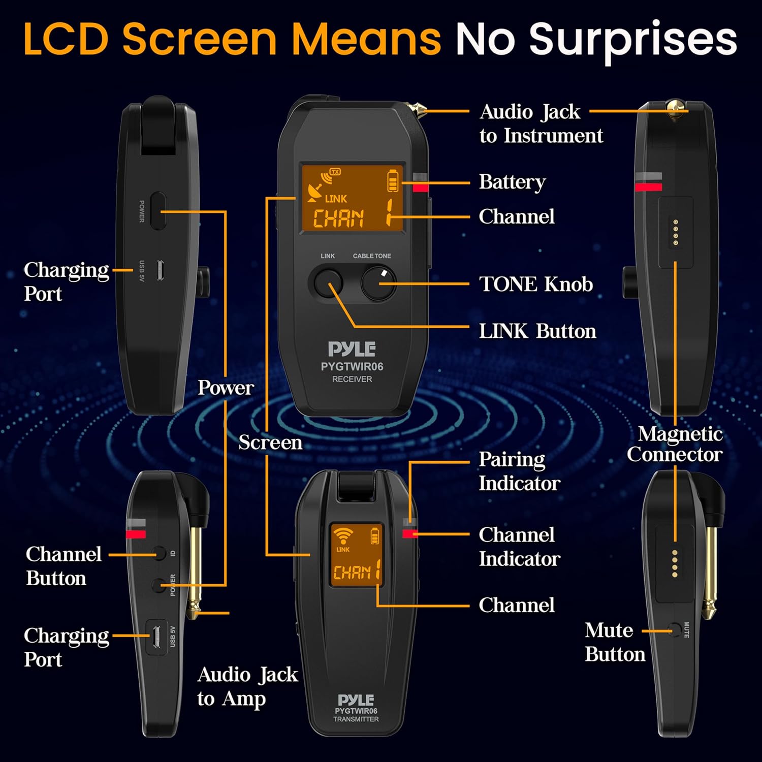 Pyle Wireless Guitar System, 5.8GHz Wireless Guitar Transmitter Receiver for Guitars Bass Violin with Ultra-Low Latency Response Lossless Transmission, Zero Background Noise, Up to 4 Channels