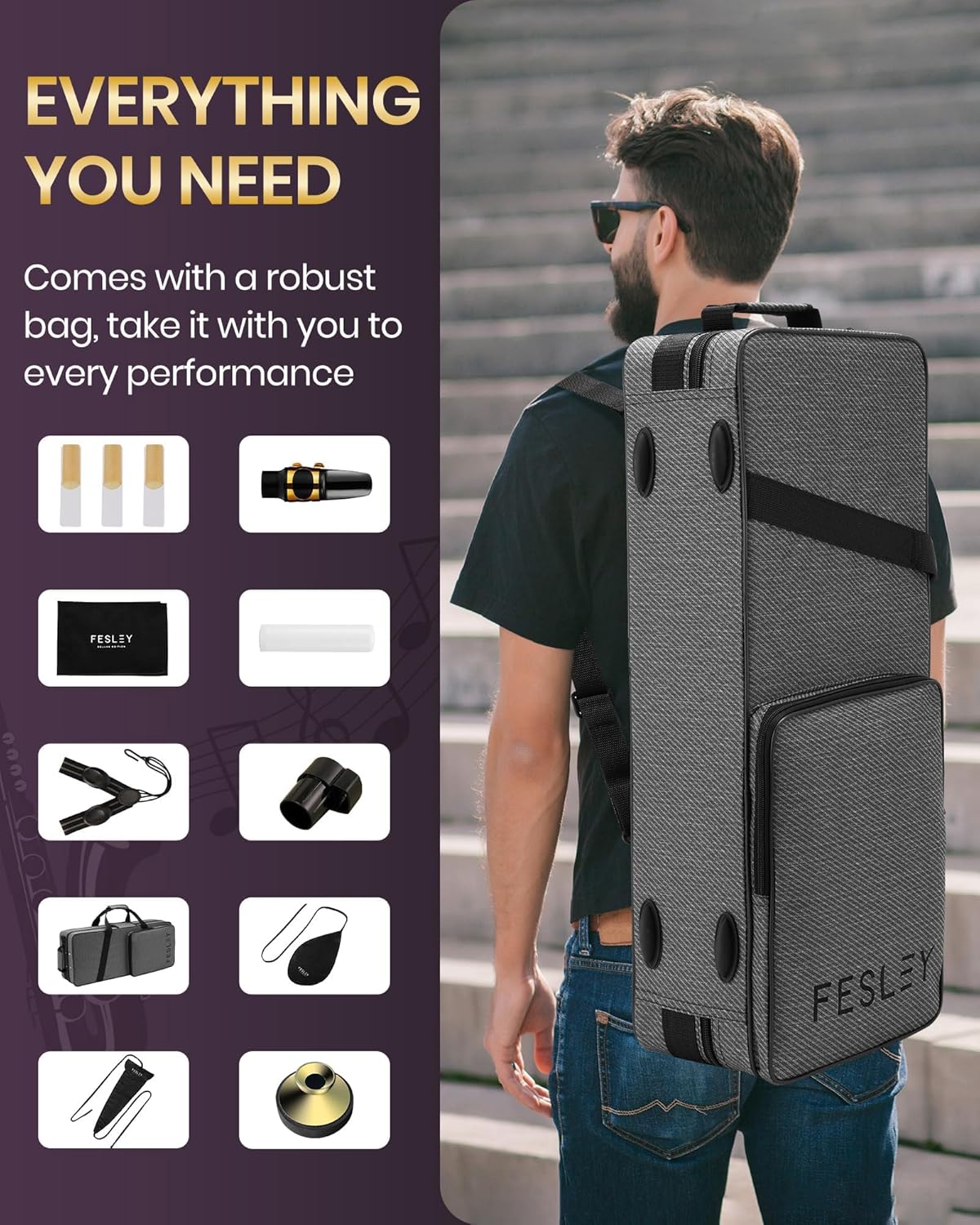 Fesley Saxophone E Flat Alto Saxophone: Saxofón Alto for Professional, Sax for Beginners & Students, Saxophones with Reeds, Neck Strap, Sax Case & Portable Cleaning Kit, Black & Gold