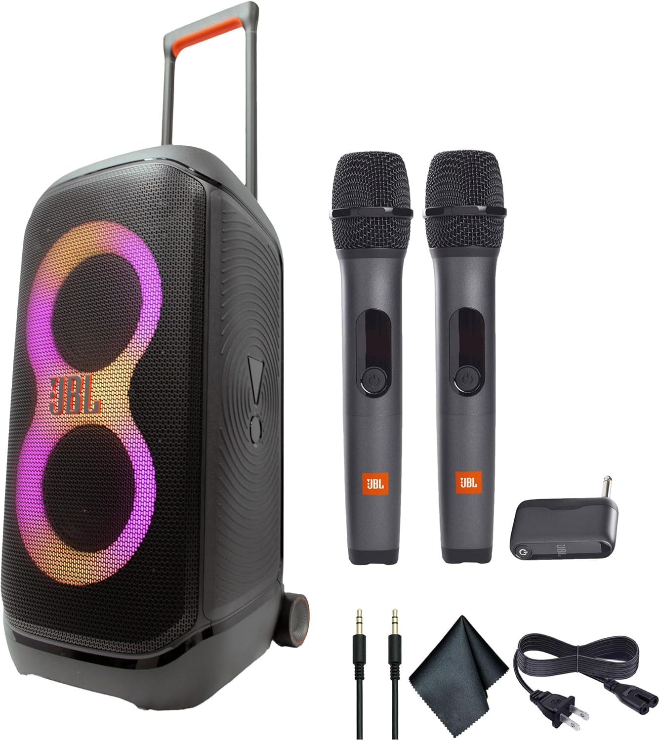 JBL PartyBox Stage 320 (Black) - 240W Portable Wireless Splash Proof Speaker - 12 Hours of Playtime - Powerful Sound and deep bass + Two Microphone System + AUX Cable - Party Karaoke Kit