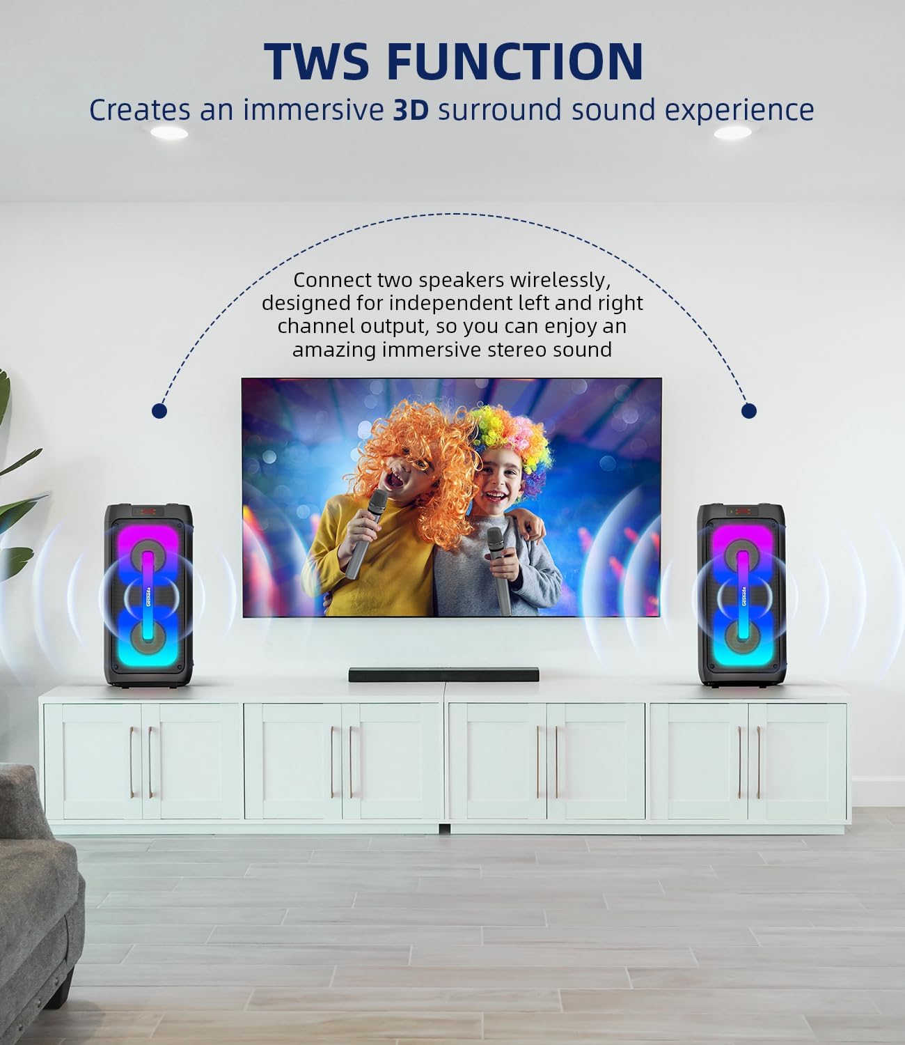 Karaoke Machine with 2 Wireless Microphones, Portable Speaker for Adults, 60W Powerful Sound, Bluetooth 5.3 & TWS Stereo, LED Lights, Supports Type-C/USB/TF/AUX for Home Party and Outdoor.