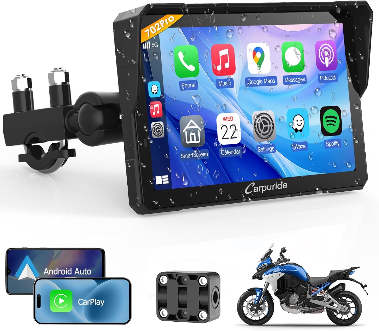 Carpuride W702PRO for Motorcycle CarPlay& Android Auto& Dual Bluetooth - 7