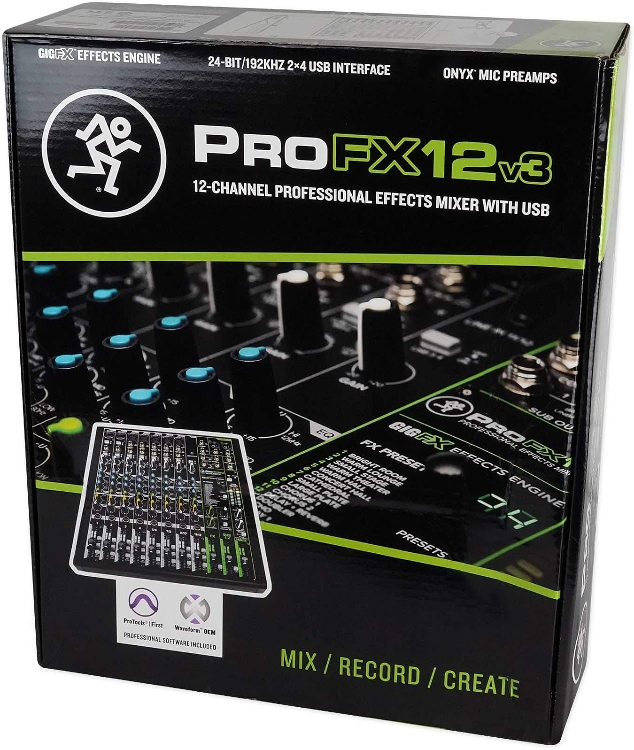 Mackie ProFX12v3 12-Channel Professional Effects Mixer w/USB ProFX12 v3 Bundle with Rockville RMC-3PK 3 Pack Metal Wired Vocal/Instrument/DJ MicrophoneswithMetal Case