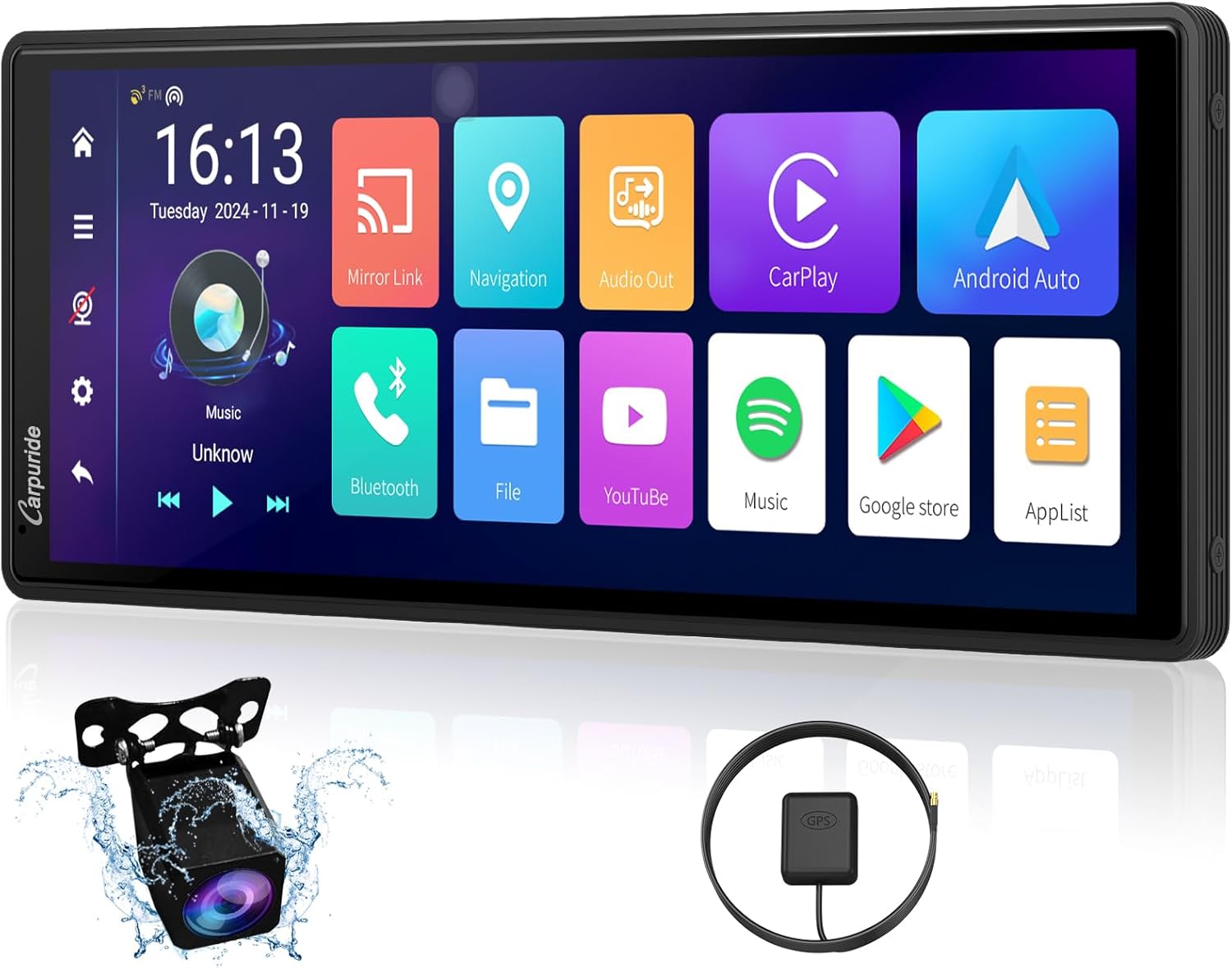 CARPURIDE 9.3 inch Wireless CarPlay & Android Auto with 4+64GB, Online & Offline GPS Navigation Car Play Screen for Car, G00GLE Play, Netflix, Mirror Link, Bluetooth Audio, GPS-Antenne