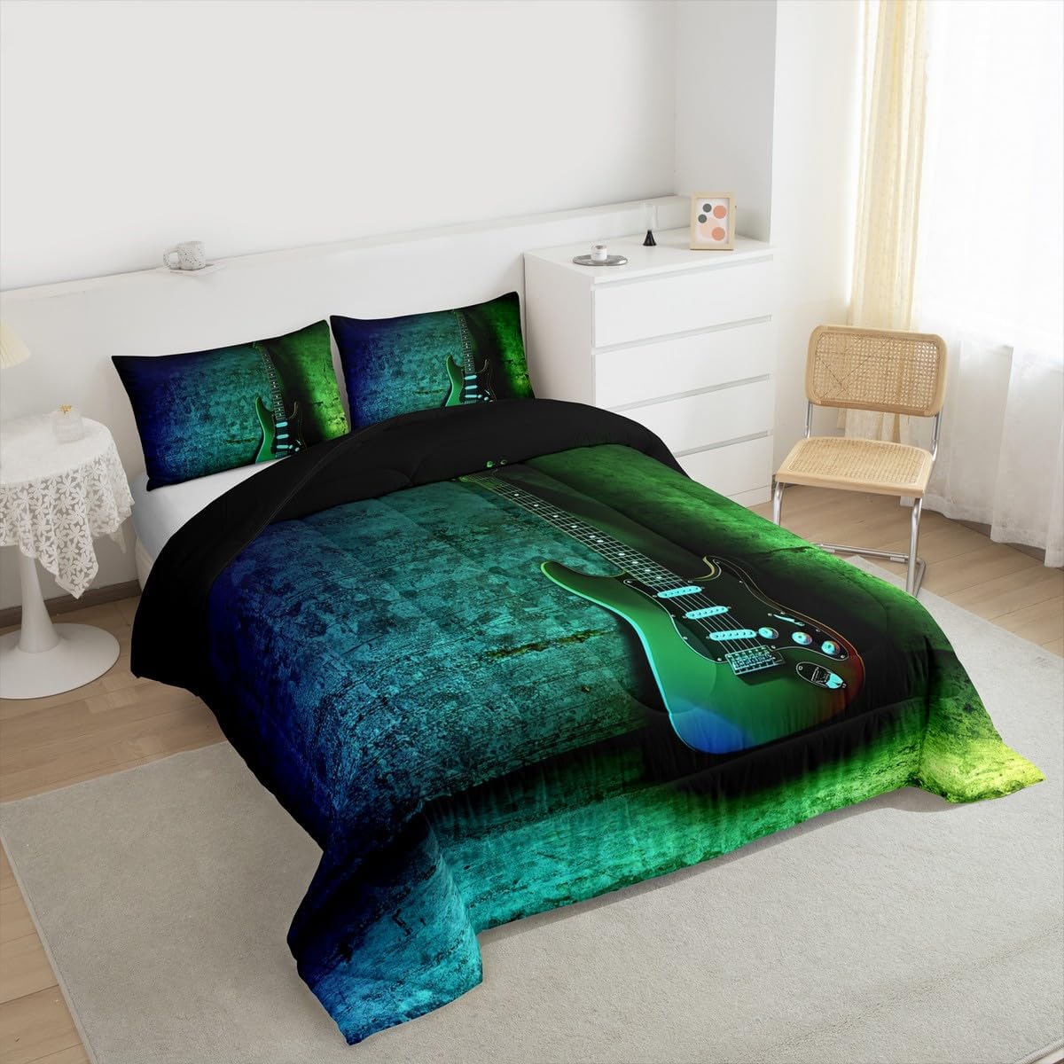 Castle Fairy Guitar Bass Comforter Sets for Kids Adults,Rock Music Instrument 3D Pattern Bedding Sets,Modern Pop Music Comforter 3 Pcs with 2 Pillowcases,Neon Blue Green Duvet Insert,King Size