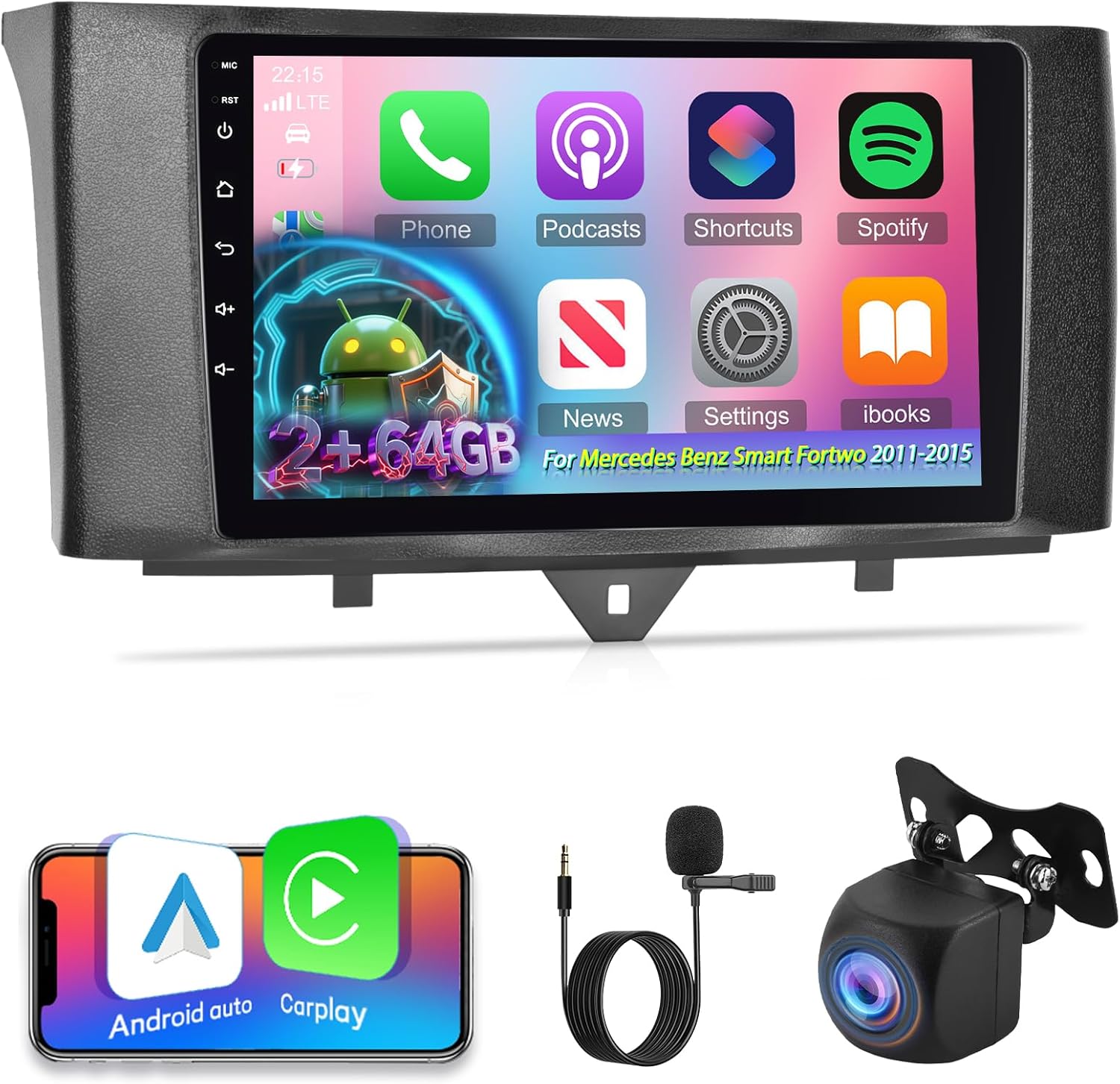 [2+64G] for Mercedes Benz Smart Fortwo 2011-2015 Android Car Radio with Wireless Carplay and Android Auto - 9 Inch HD Touch Screen Car Stereo - Multiple UI/GPS/WiFi/SWC + AHD Backup Camera