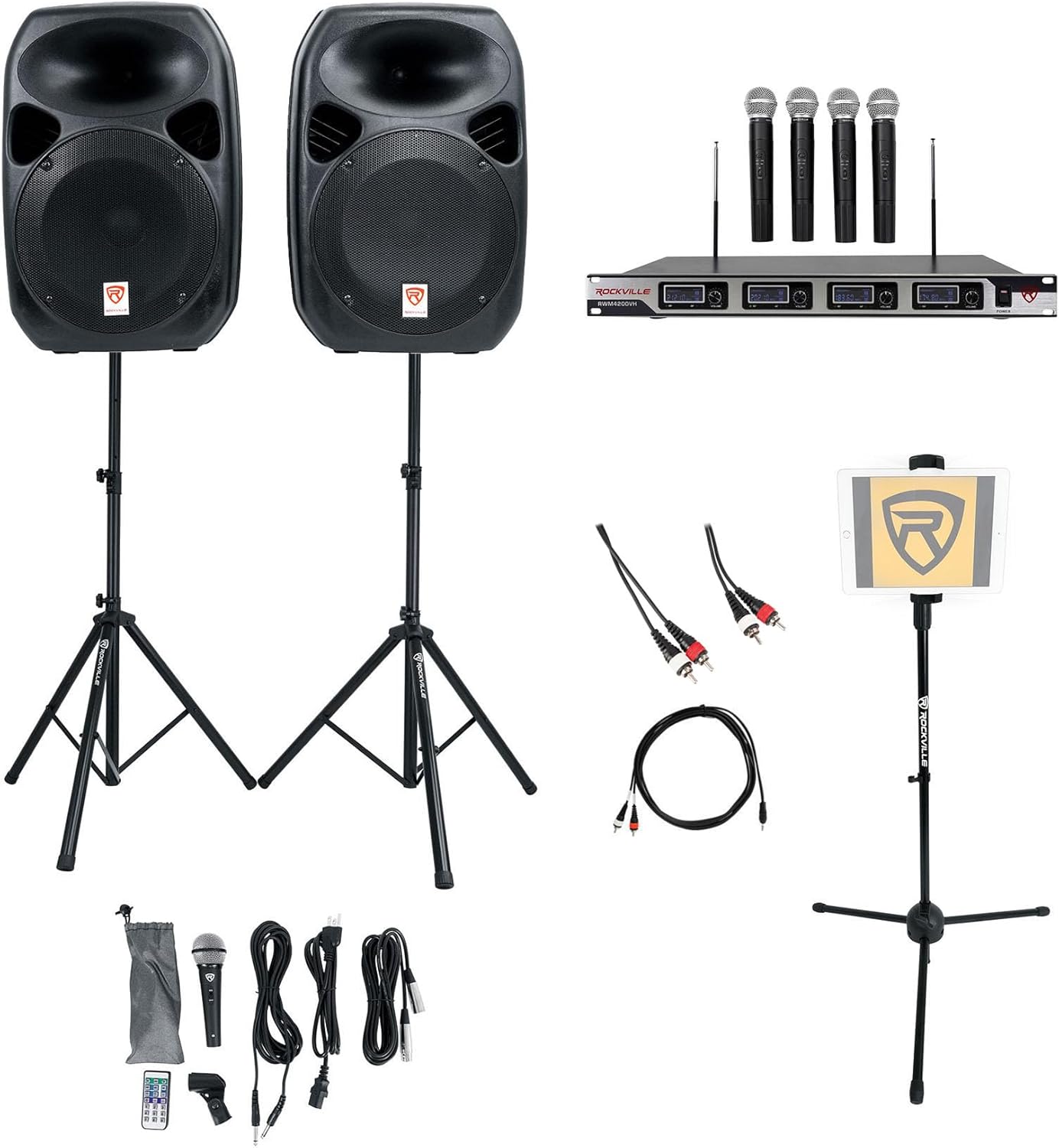 Rockville RPG122K Pro Bundle: (2) 12 in 1000W Peak / 250W RMS Bluetooth Powered PA Speakers, (4) Wireless Handheld Mics, iStand 20 Tablet Tripod, Dual RCA & TRS Cables, YouTube Karaoke System, 5-items