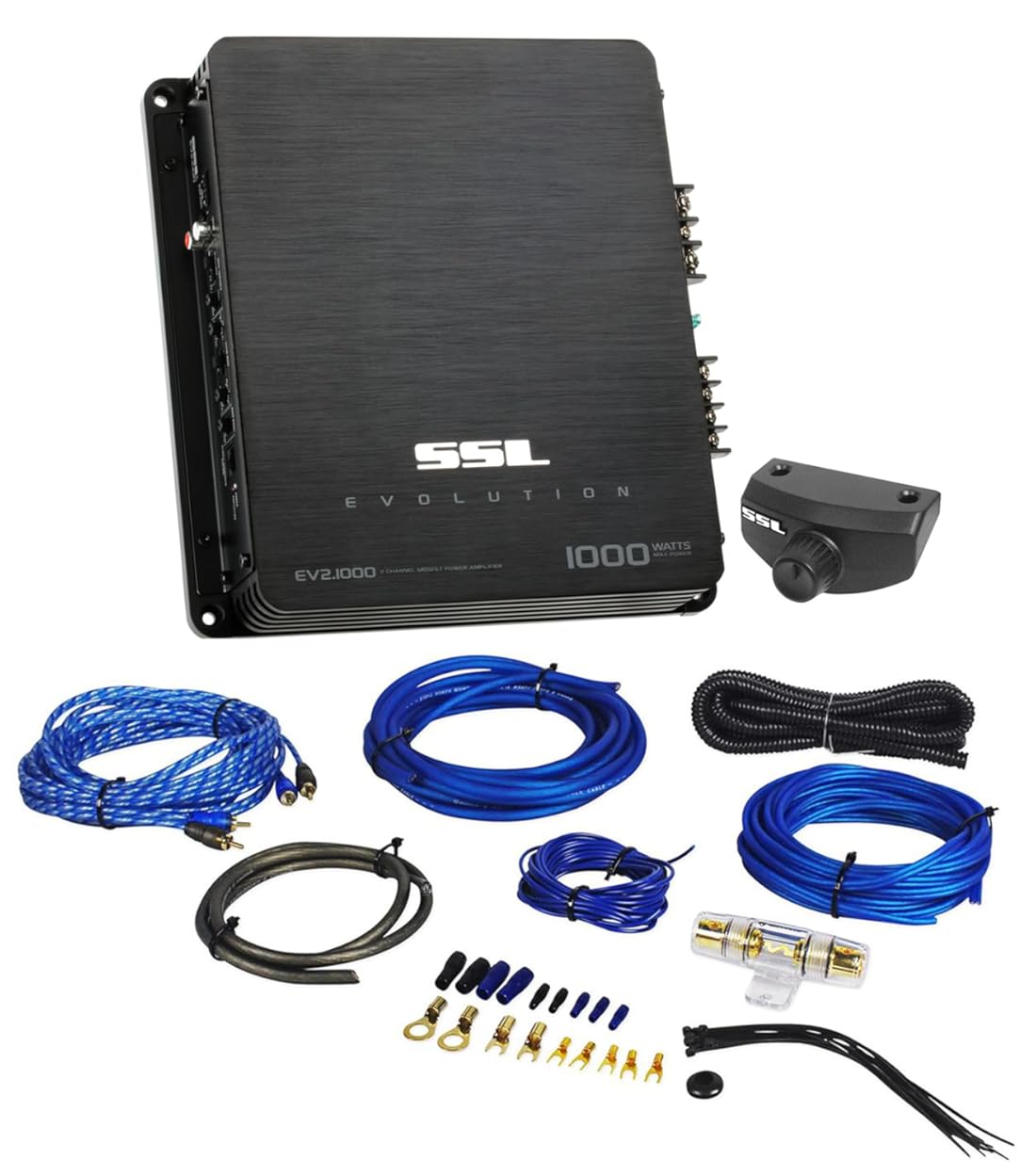 Audiosavings Bundle: SSL EV2.1000 1000-Watt 2-Channel Class A/B Car Audio Amplifier with MOSFET Power Supply, RWK81 8 AWG Copper Amp Installation Kit with RCA Cables, 2-Items