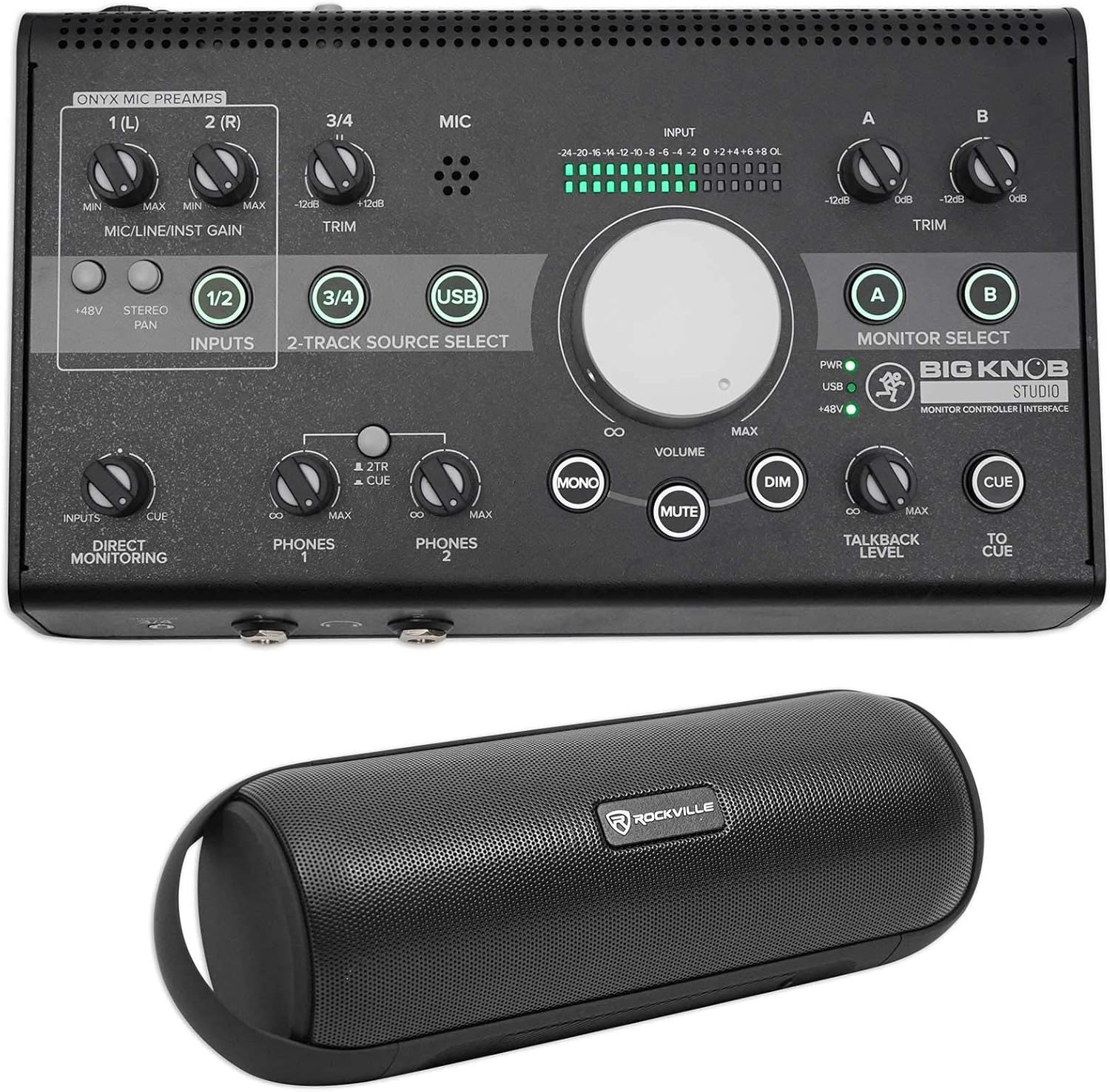 Audiosavings Bundle: Mackie Big Knob Studio 3x2 Studio Monitor Controller 96kHz USB I/O Bundle with Rockville RPB25 40w Portable/Outdoor Bluetooth Speaker w/USB+Aux+Wireless Link (2 Items)