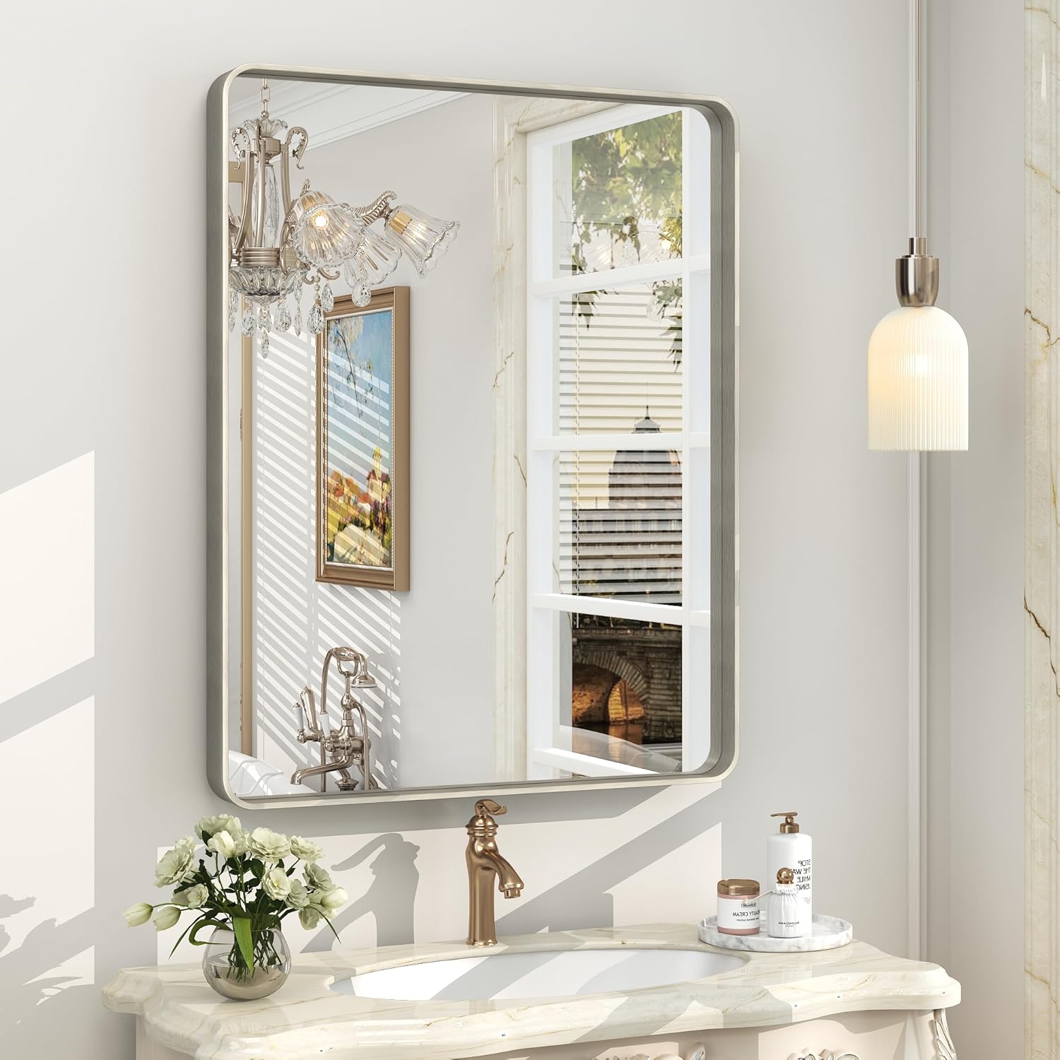 24x30 Inch Silver Bathroom Mirror, Brushed Metal Framed Vanity Mirror for Wall, Rounded Corner Rectangle Mirror, Anti- Rust (Horizontal/Vertical)